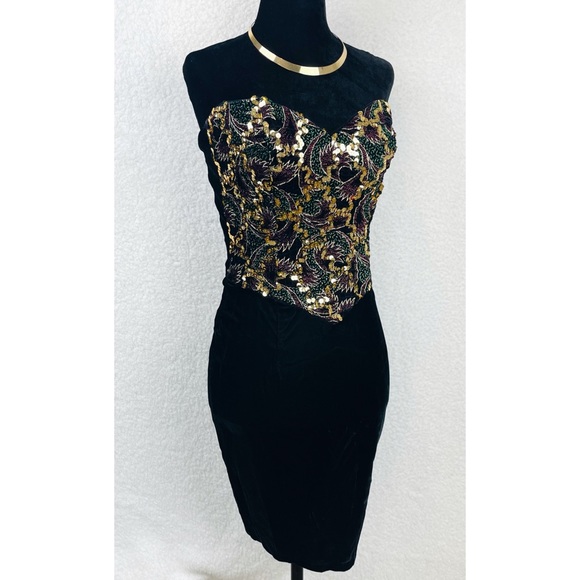 (VTG) JESSICA MCCLINTOCK • Gunne Sax Black Velvet Sequin Strapless Mini Dress - Picture 2 of 16